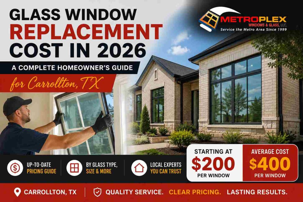 Glass window replacement cost in Carrollton TX with technician installing an energy-efficient residential window in 2026.